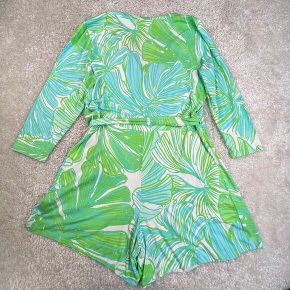 Lilly Pulitzer Karlie Wrap Romper Green Sheen Fronds - Picture 3 of 12